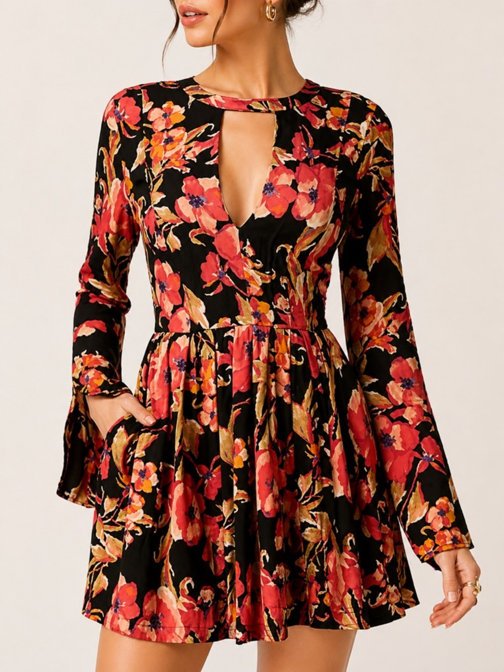 Free People Tegan Long Bell Sleeve Floral Mini Dress Size 4